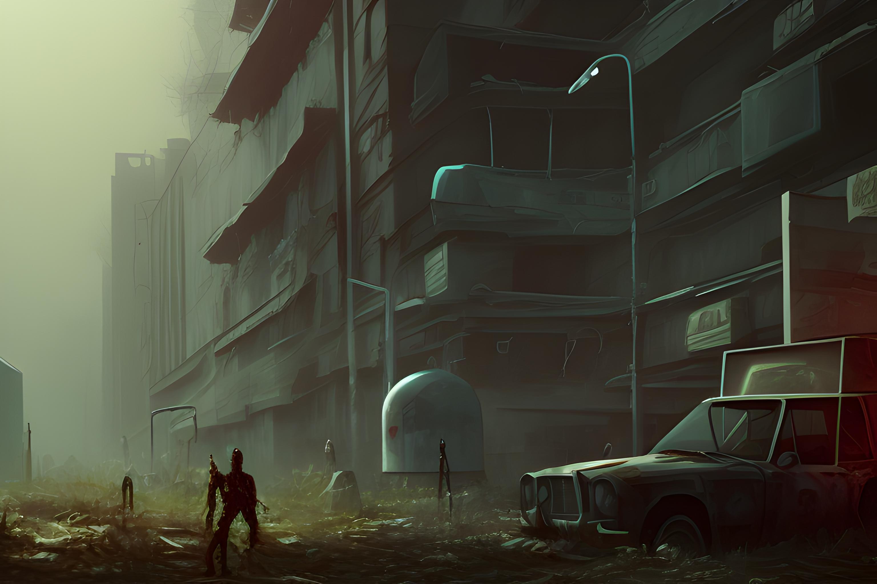 Une scene post-apocalypse zombie dans l'esprit graphique du jeu project zomboid B42